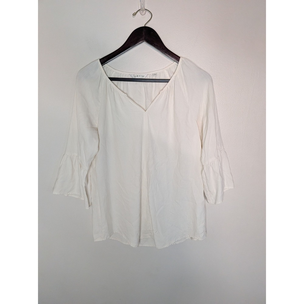 Orvis Size Small Ivory V-Neck Ruffle Bell Sleeve Blouse Top Peasant Boho Coastal